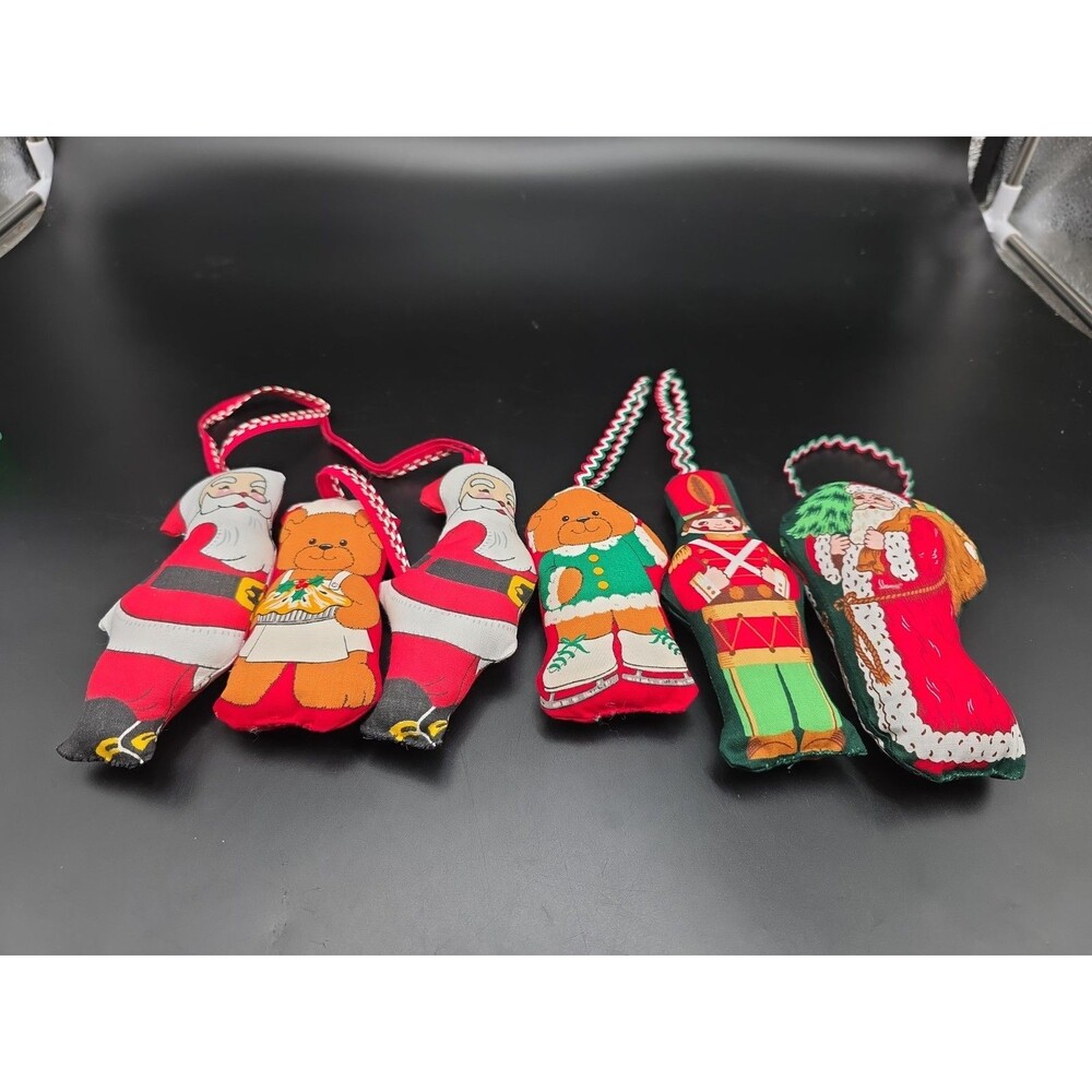 Vintage Lot Of 6 80s Christmas Holiday Plush Ornaments Santa Nutcracker Bear